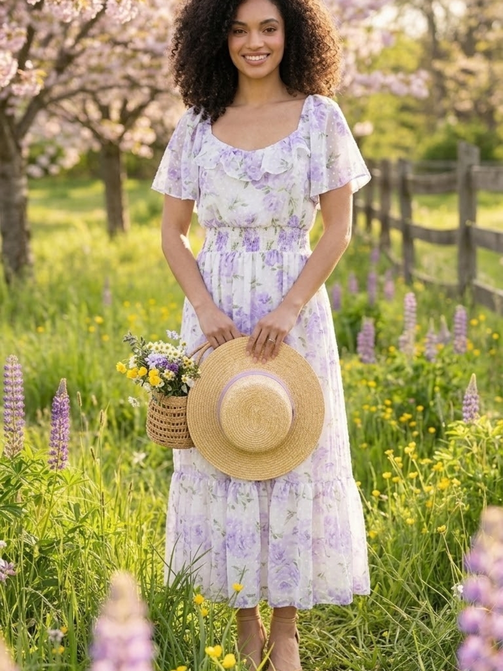 Place Lavender Floral Maxi Dress with Ruffle Neckline